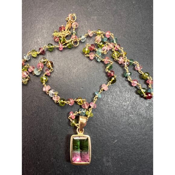 Vintage 14k & 18k gold watermelon tourmaline pendant necklace - Picture 14 of 16